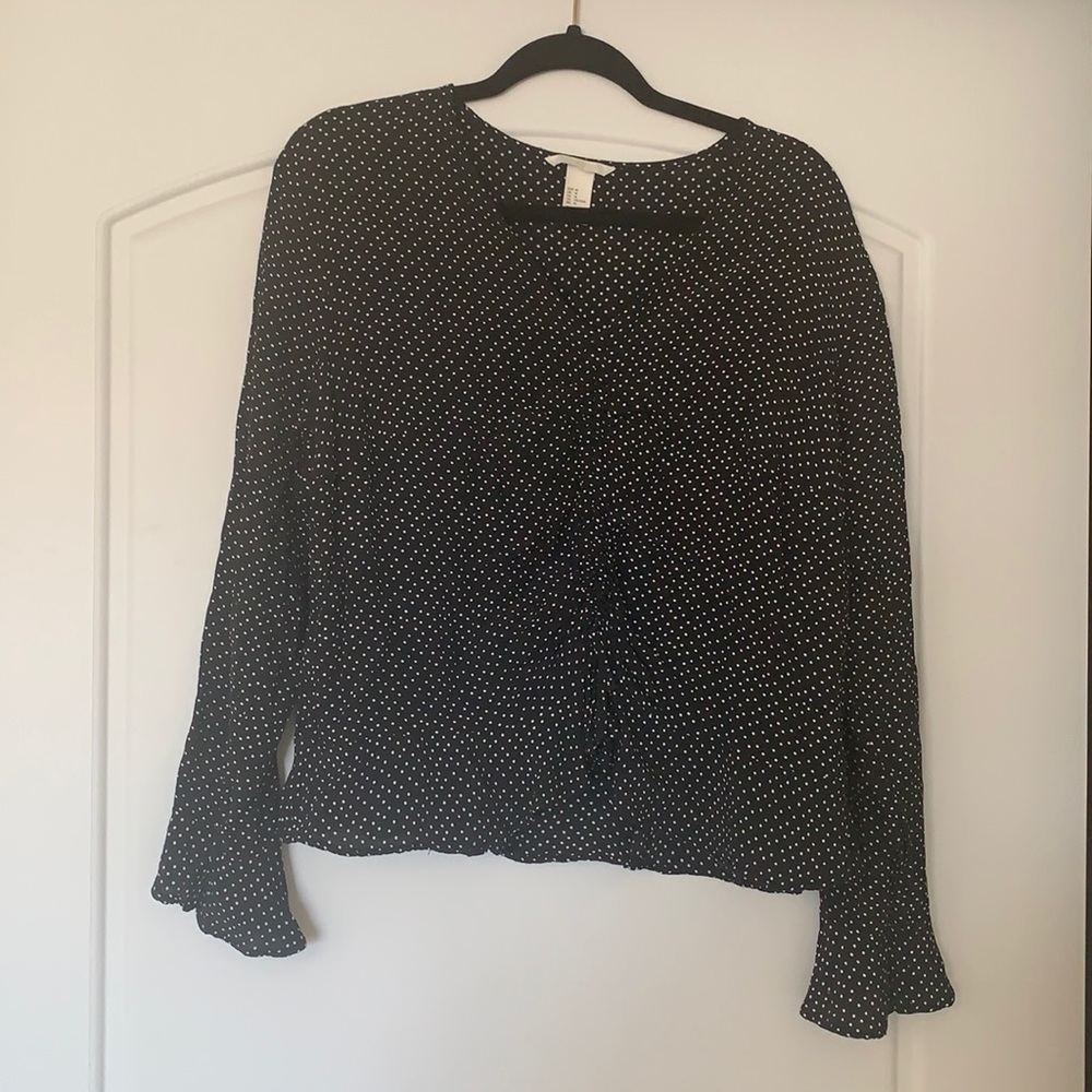 Polka Dot, Cinch-Front Long Sleeve Blouse, Size 14